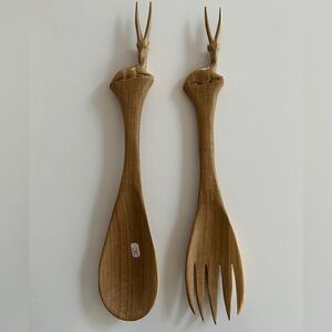 VINTAGE Carved Wood Salad Serving Set Antelope Gazelle Handle Made Kenya Unused